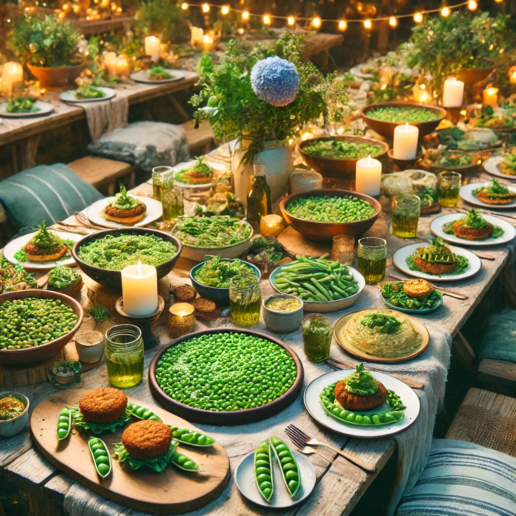 Dall·e 2025 03 04 16.34.13 a large festive table filled with a variety of delicious dishes made from green peas. the table is set outdoors with warm lighting, and plates contain